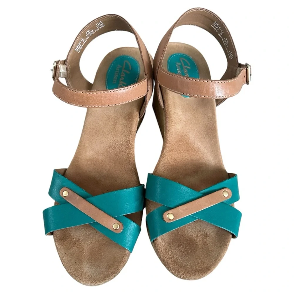 Clarks Artisan boho Teal Blue Leather Strappy Wedge Sandals 9M EUC - Picture 1 of 10